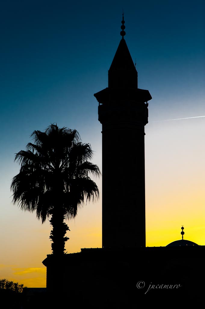 Minaret. Backlighting. Tunisia.